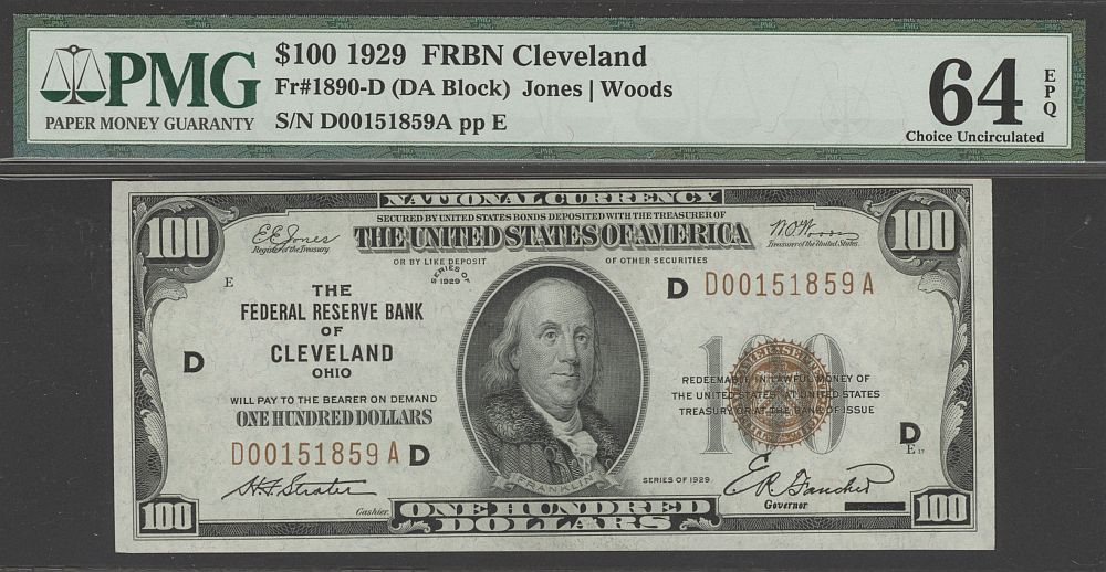 Fr.1890-D, 1929 Cleveland $100 FRBN, D00151859A, PMG64-EPQ